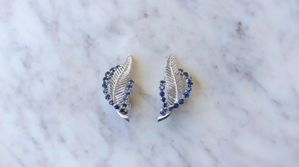 Clips Plume Or Blanc et Saphirs Années 60