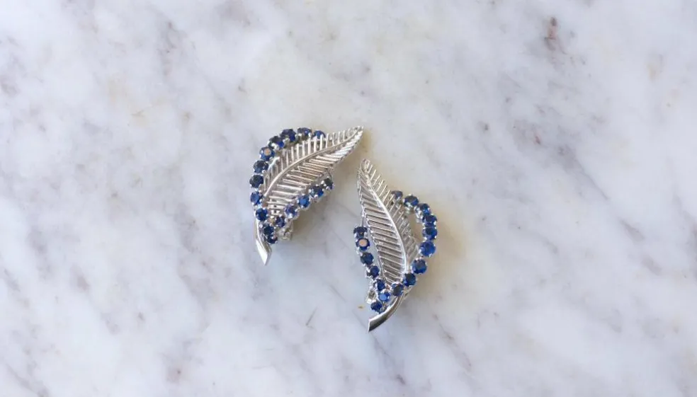 Clips Plume Or Blanc et Saphirs Années 60