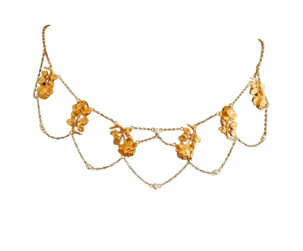 Collerette Motifs De Roses Et Ornée De Perles, Or Jaune