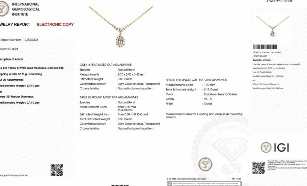 Collier 2 ors diamants et aigue-marine certificat IGI
