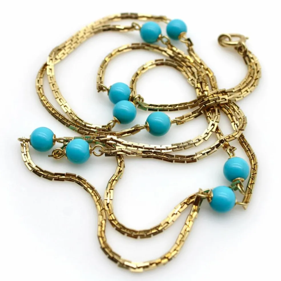 Collier 36 stations en perles turquoise dorées