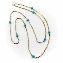 Collier 36 stations en perles turquoise dorées