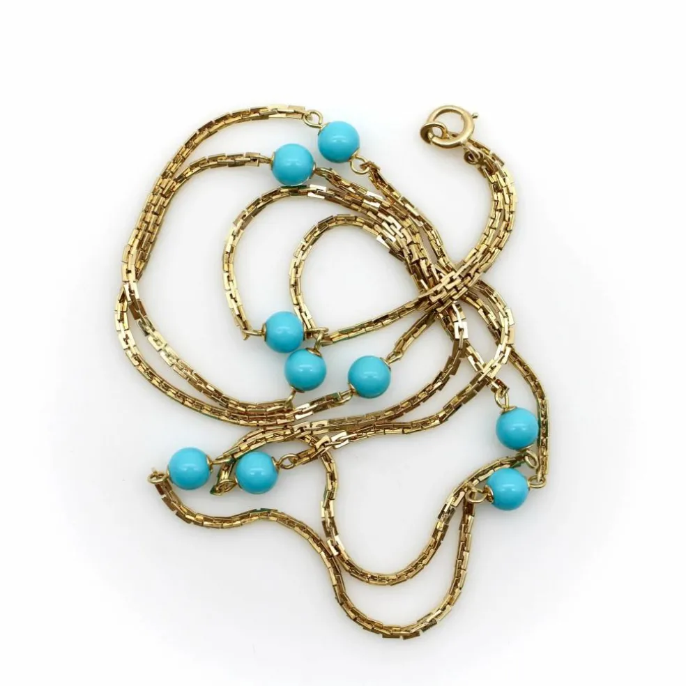 Collier 36 stations en perles turquoise dorées