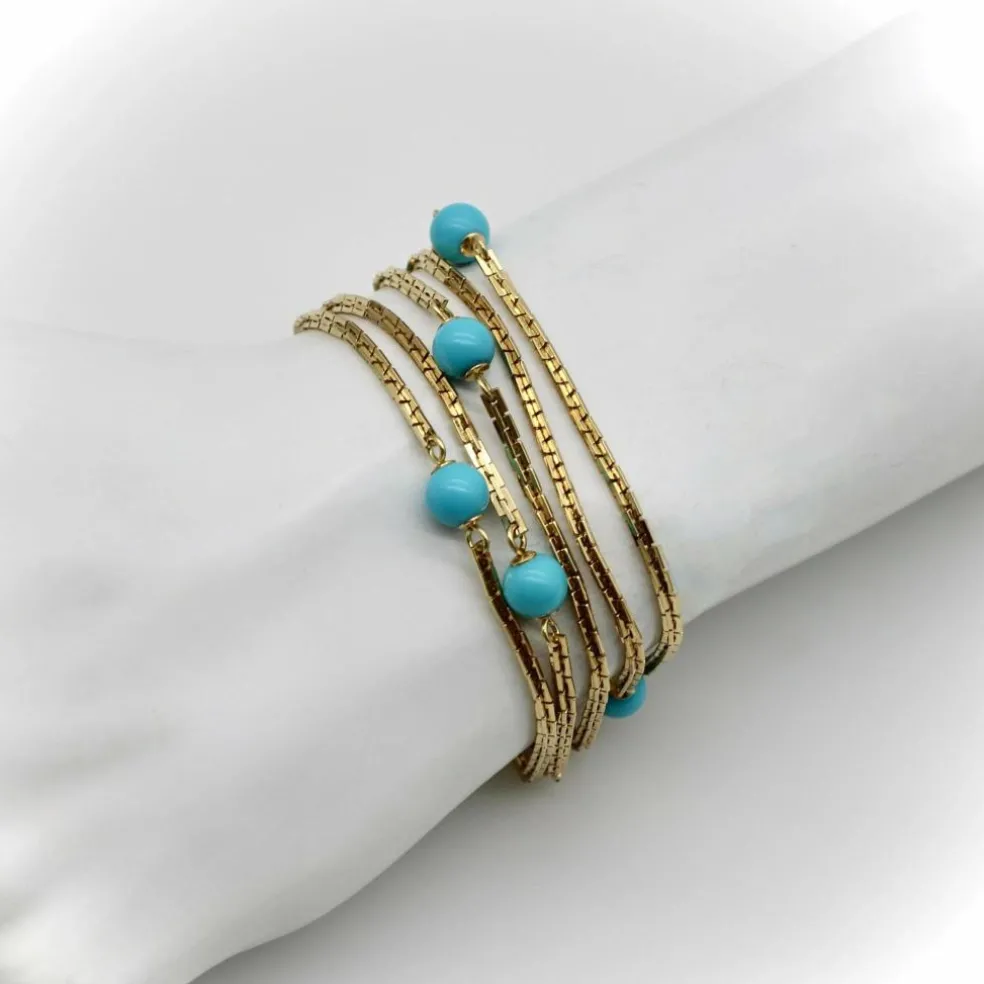 Collier 36 stations en perles turquoise dorées