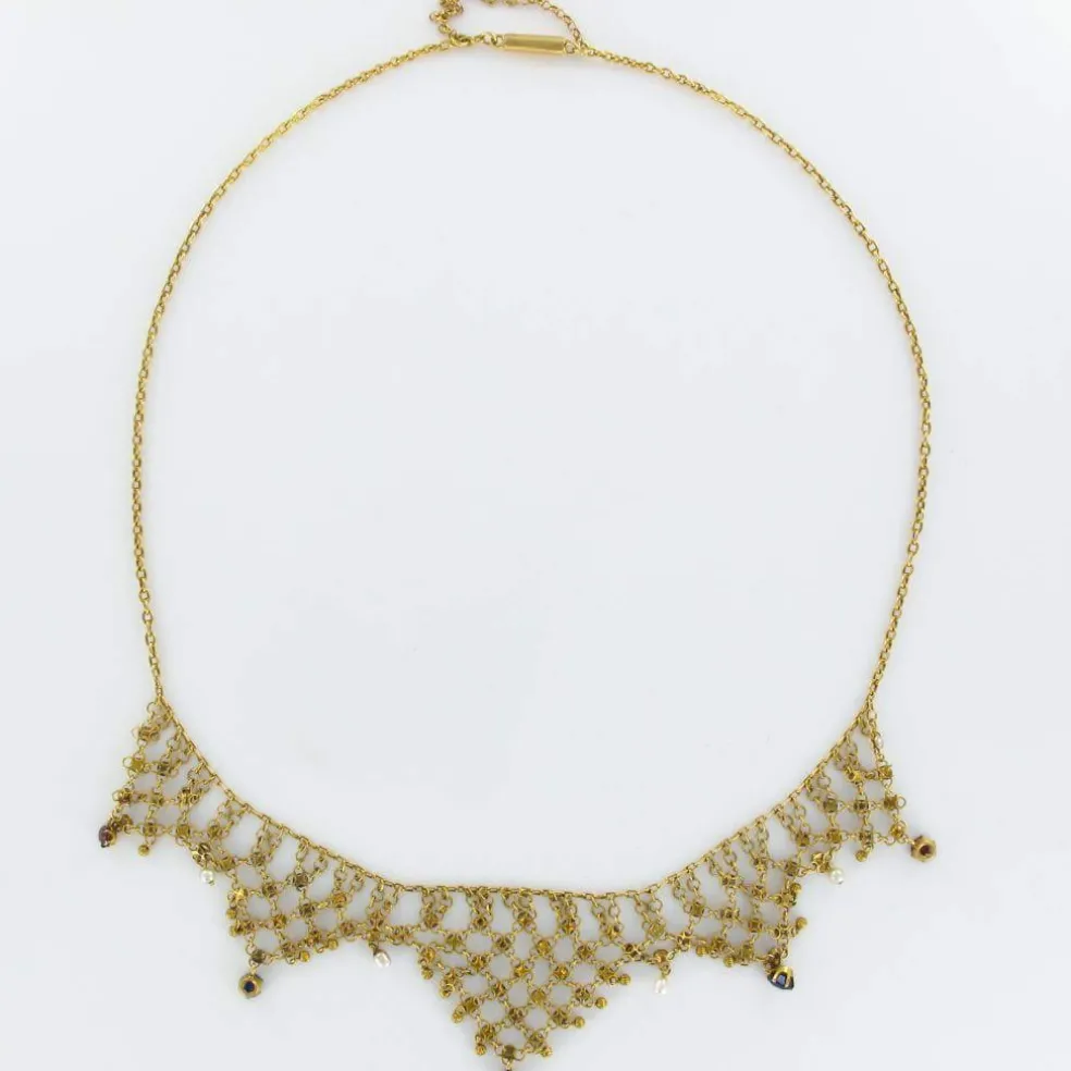 Collier ancien draperie or saphirs rubis et perles