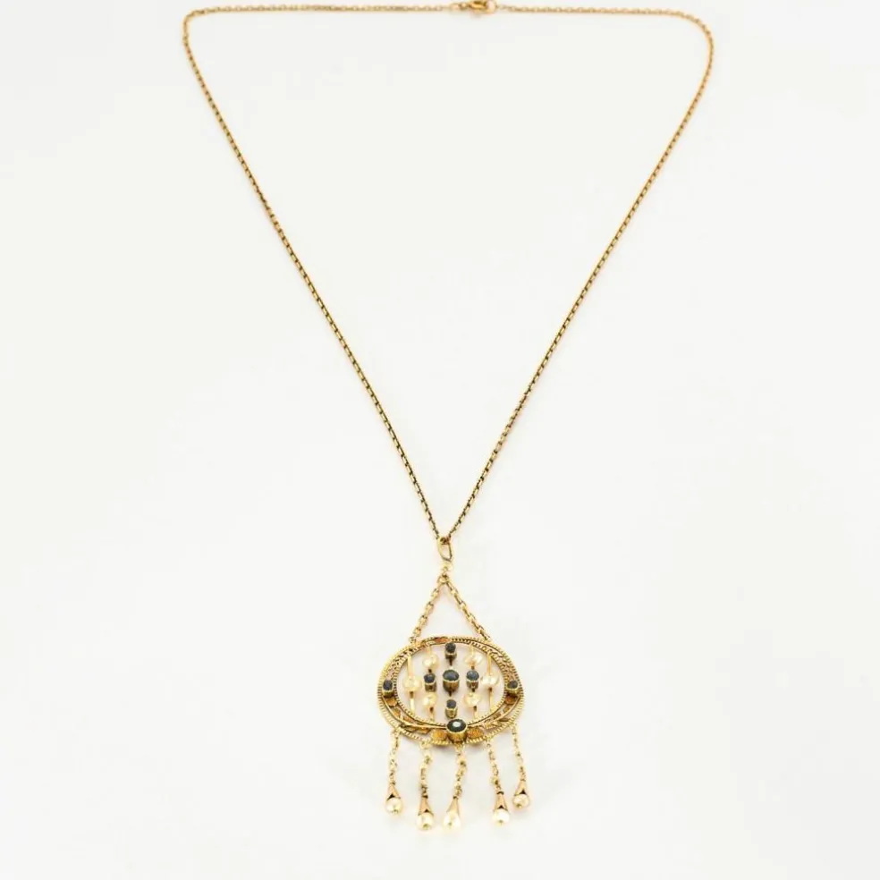 Collier ancien en or jaune, saphir et perles fines baroques