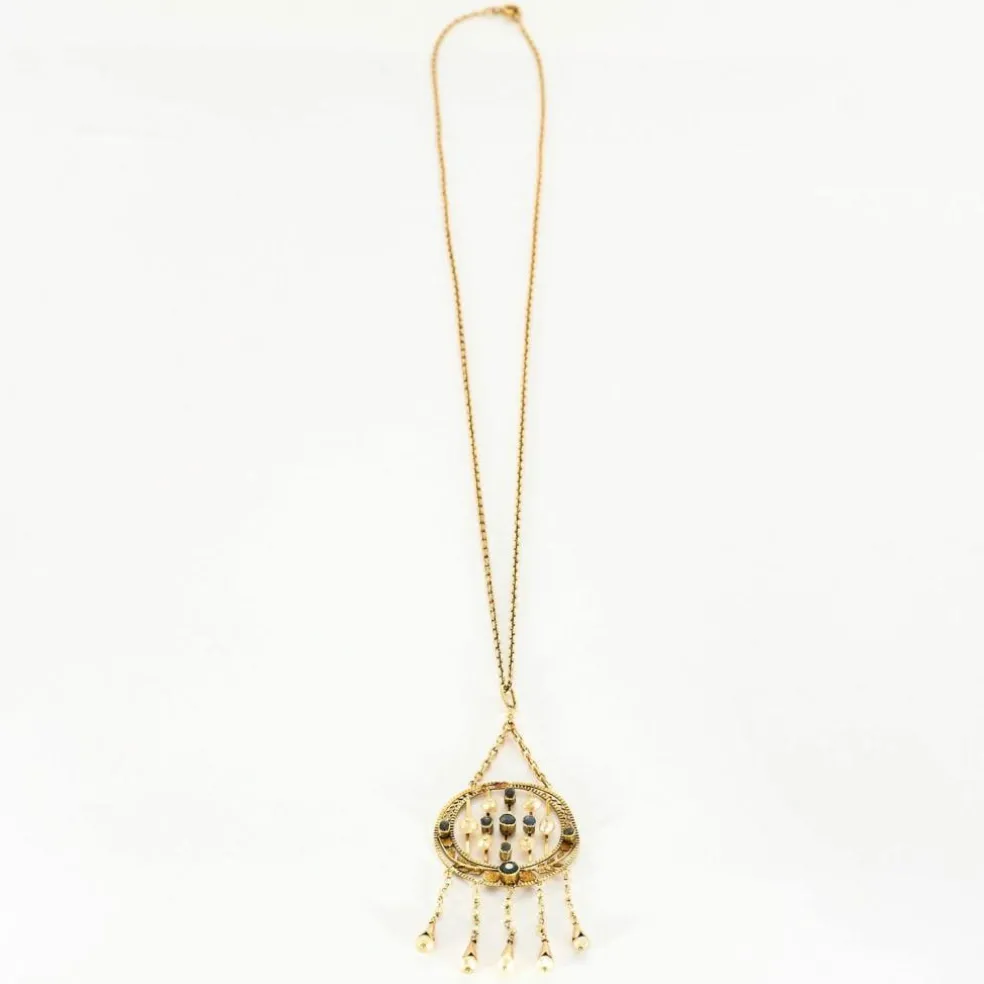 Collier ancien en or jaune, saphir et perles fines baroques