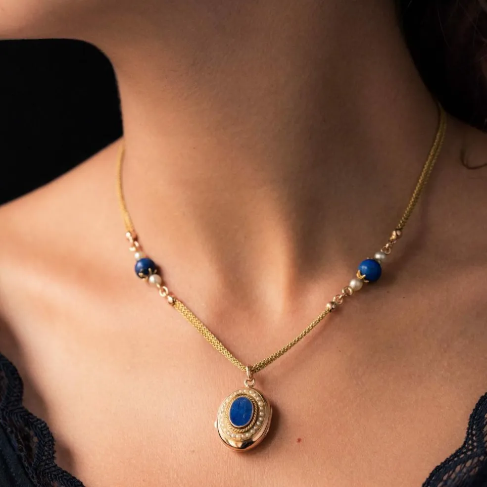 Collier ancien et son médaillon lapis lazuli et perles fines