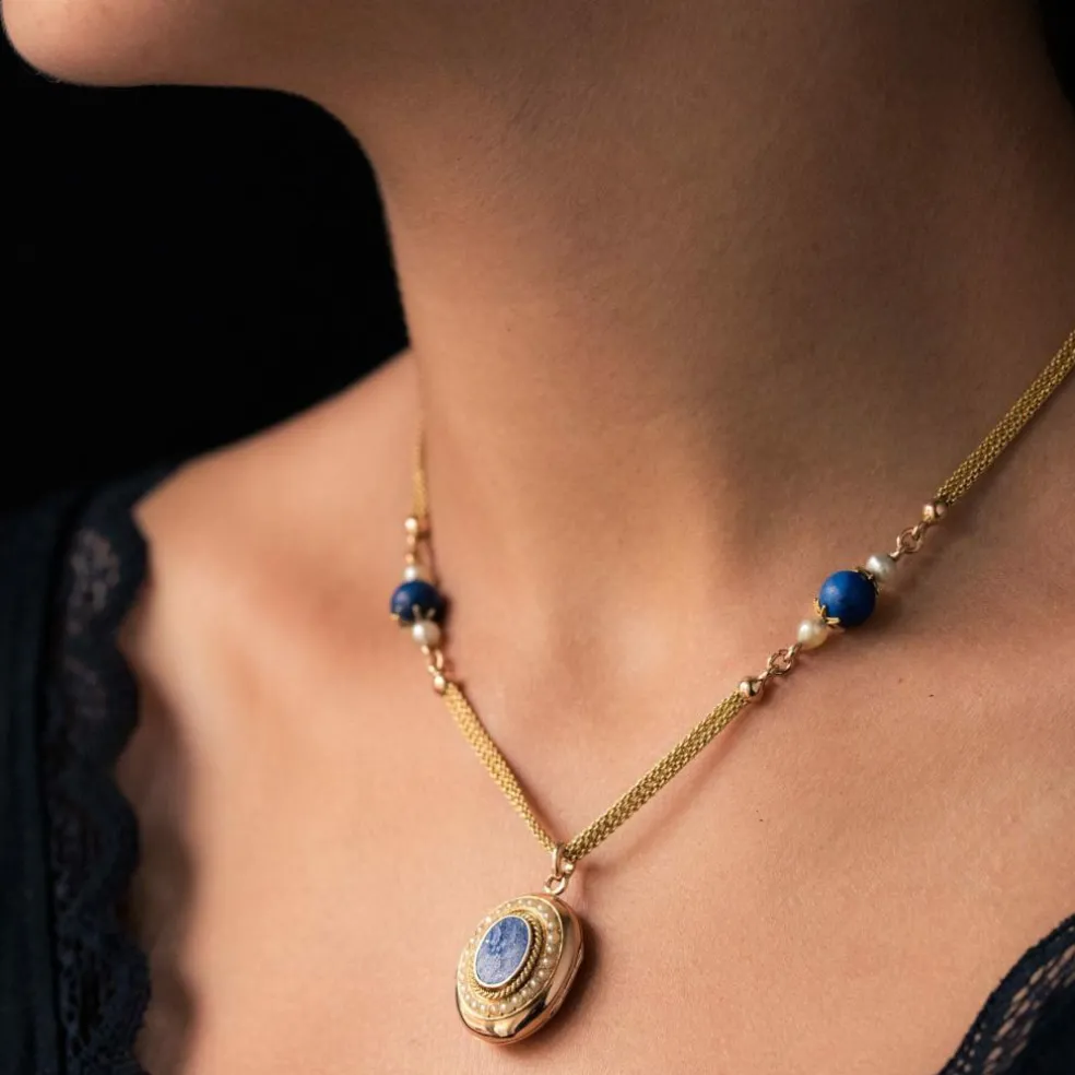 Collier ancien et son médaillon lapis lazuli et perles fines