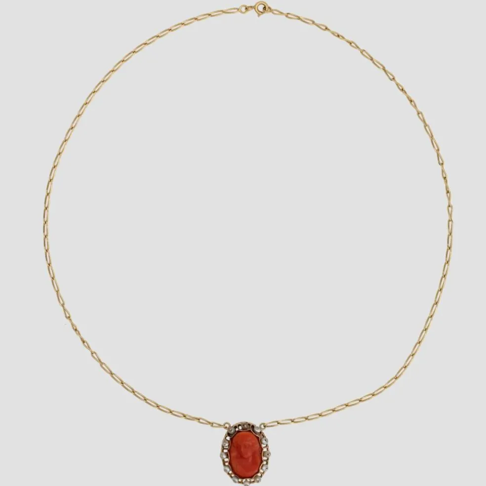 Collier ancien or jaune camée corail et perles fines