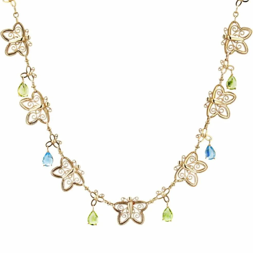 Collier ancien papillons or topazes et péridots