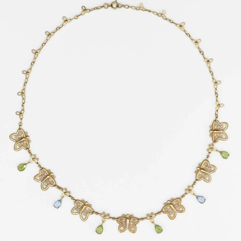 Collier ancien papillons or topazes et péridots