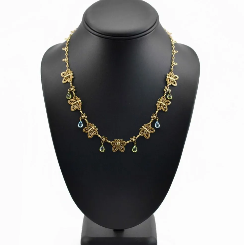 Collier ancien papillons or topazes et péridots