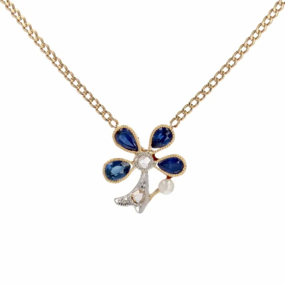 Collier ancien trèfle à quatre feuilles saphirs et diamants