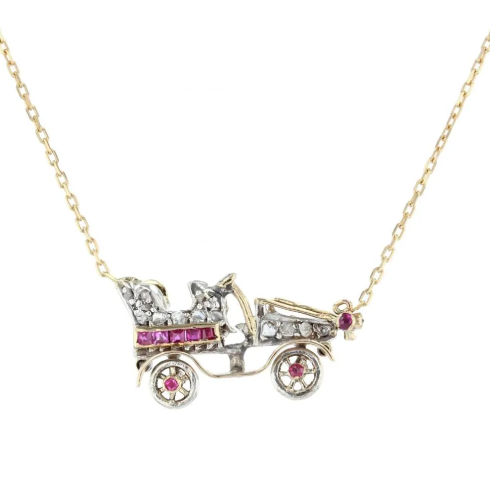 Collier ancien voiture en diamants et rubis