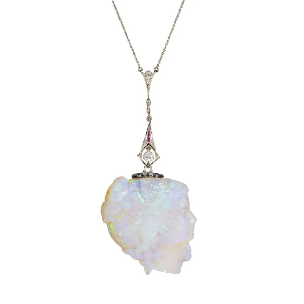 Collier antique édouardien en opale sculptée avec camée et diamants en platine, ras du cou de 15 pouces