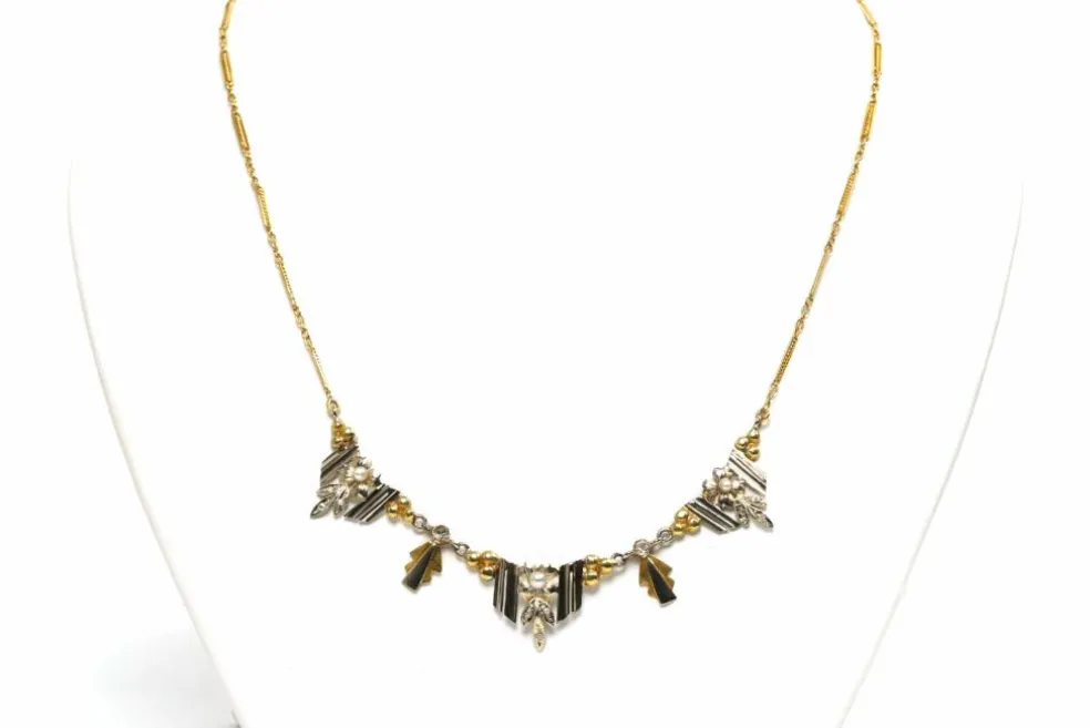 Collier Art Déco or jaune et blanc, perles et diamants taille rose