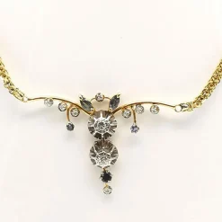 Collier art déco or jaune platine diamant, saphirs