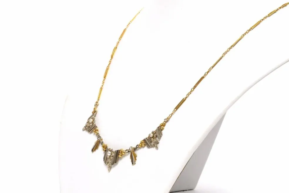 Collier Art Déco or jaune et blanc, perles et diamants taille rose