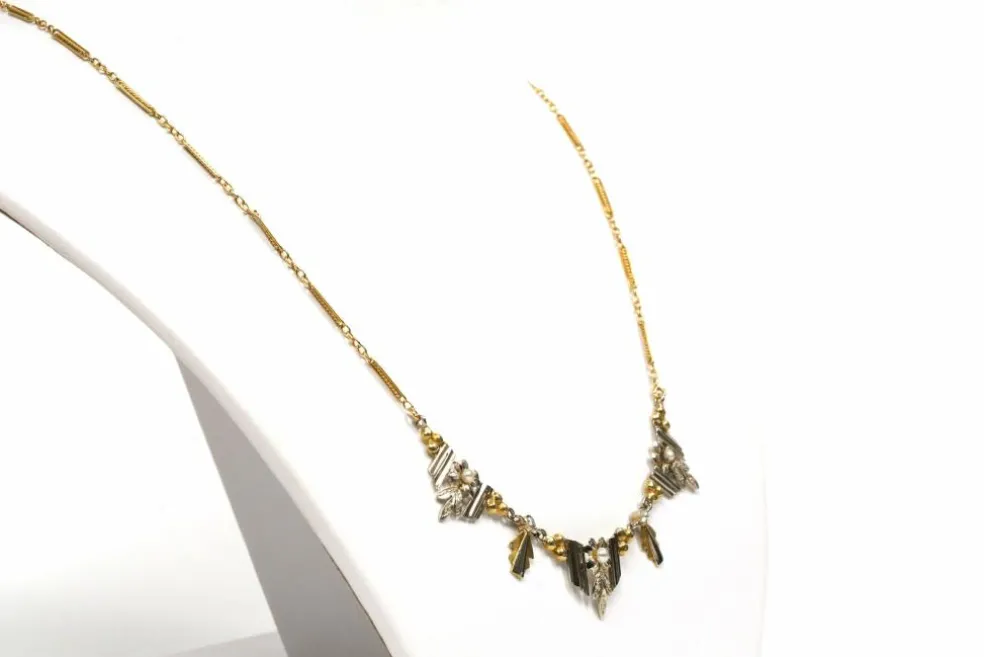 Collier Art Déco or jaune et blanc, perles et diamants taille rose
