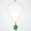 Collier Art Déco Vintage en Jade Sculpté avec Diamants et Or Platine Fleurs 16"