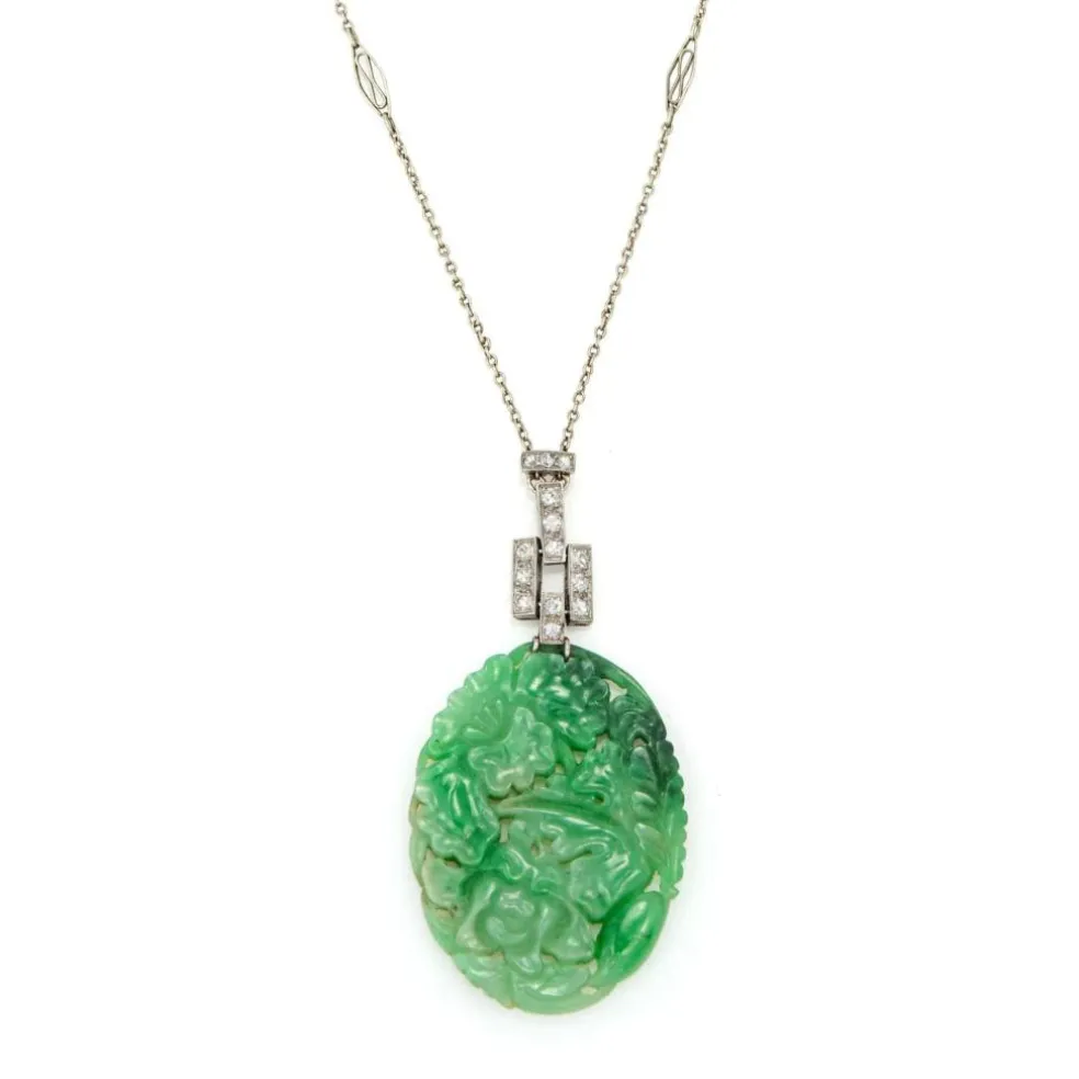Collier Art Déco Vintage en Jade Sculpté avec Diamants et Or Platine Fleurs 16"