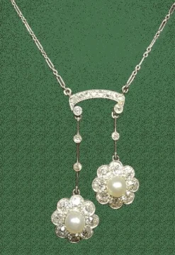 Collier art deco négligé or jaune 18k platine diamants perles