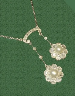 Collier art deco négligé or jaune 18k platine diamants perles