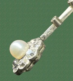Collier art deco négligé or jaune 18k platine diamants perles