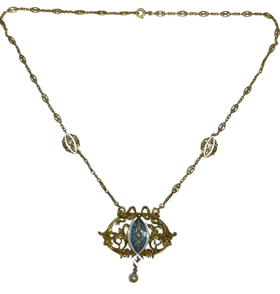 Collier Art Nouveau Diamants Email Perles