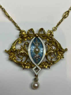 Collier Art Nouveau Diamants Email Perles