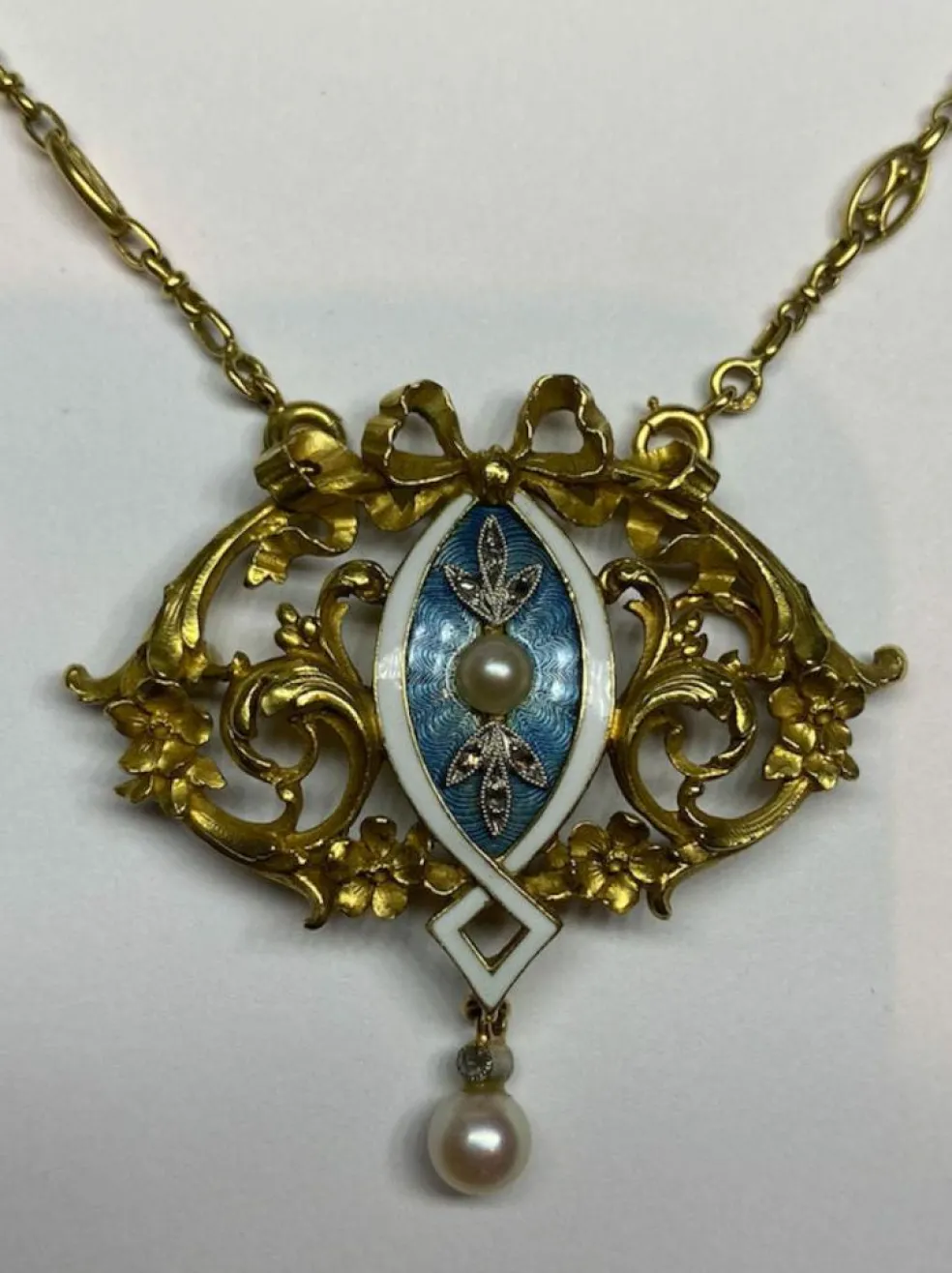 Collier Art Nouveau Diamants Email Perles