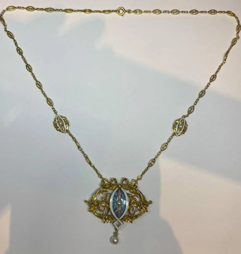 Collier Art Nouveau Diamants Email Perles
