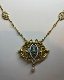 Collier Art Nouveau Diamants Email Perles