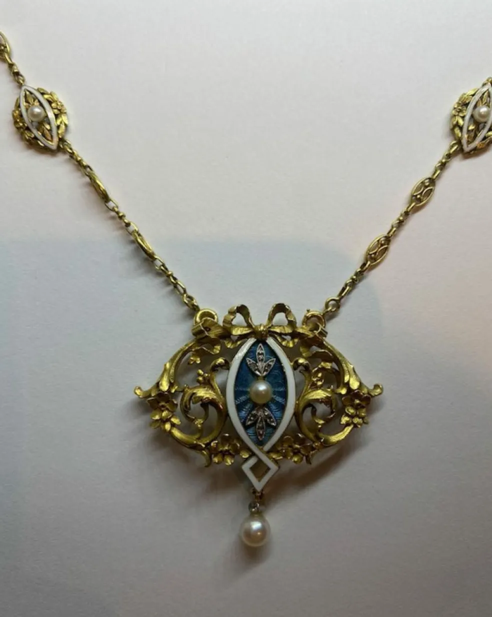 Collier Art Nouveau Diamants Email Perles
