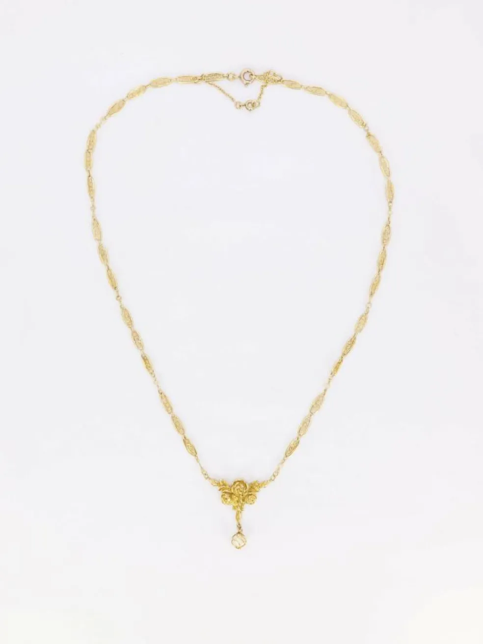 Collier Art Nouveau maille filigrane or jaune perles fines