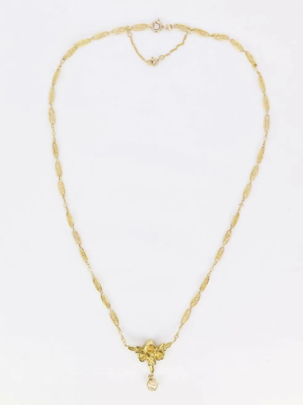 Collier Art Nouveau maille filigrane or jaune perles fines