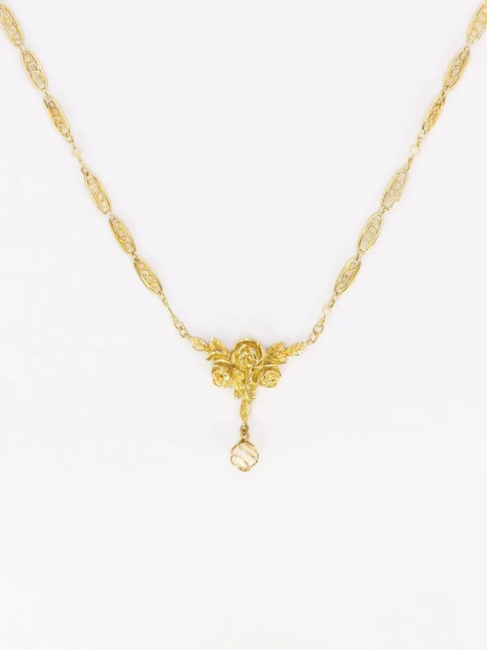 Collier Art Nouveau maille filigrane or jaune perles fines