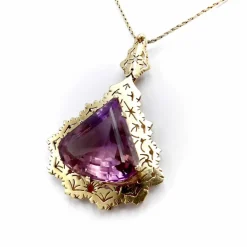 Collier avec pendentif en améthyste moderniste du milieu du siècle en or 14 carats