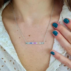 Collier barrette saphirs multicolores diamants or blanc