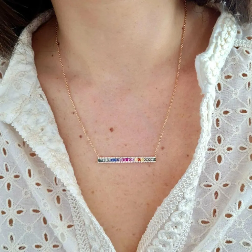 Collier barrette saphirs multi couleur diamants or rose