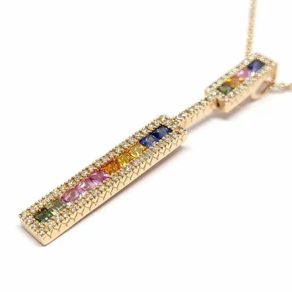 Collier barrette saphirs multicolores diamants or rose