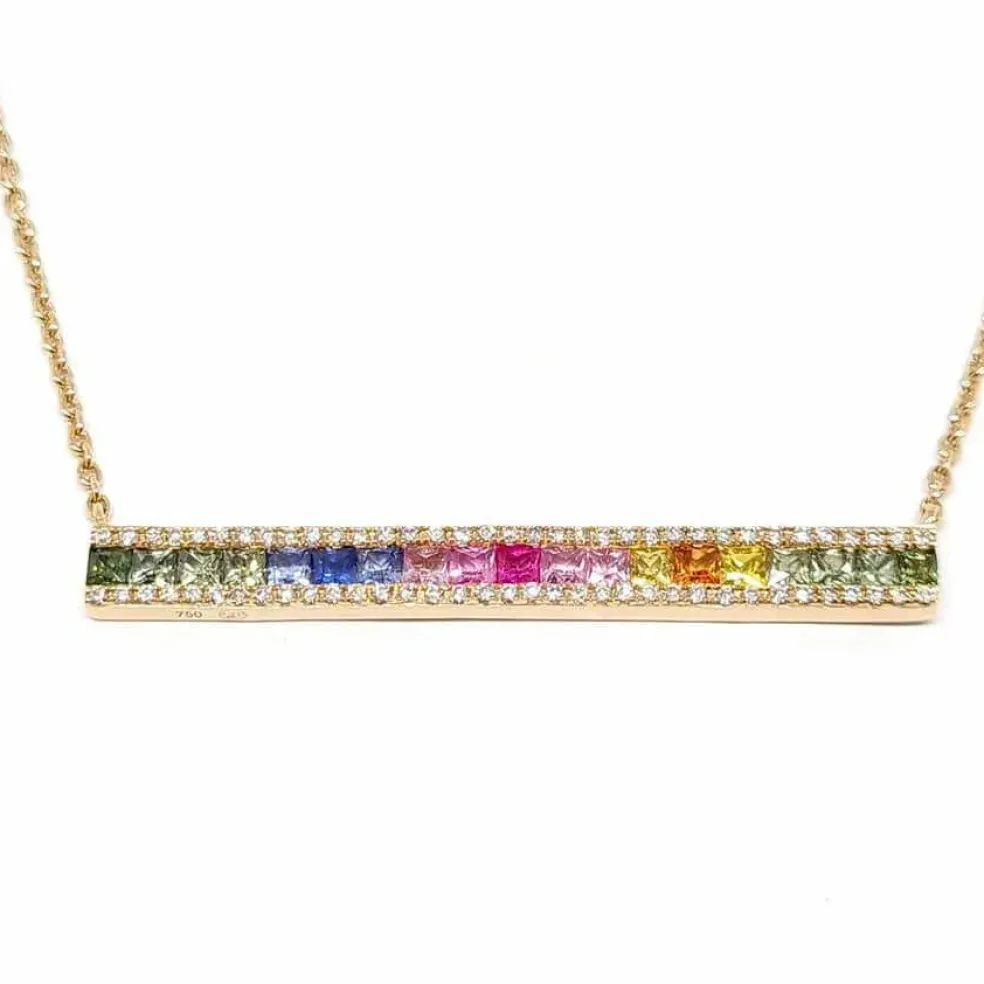 Collier barrette saphirs multi couleur diamants or rose