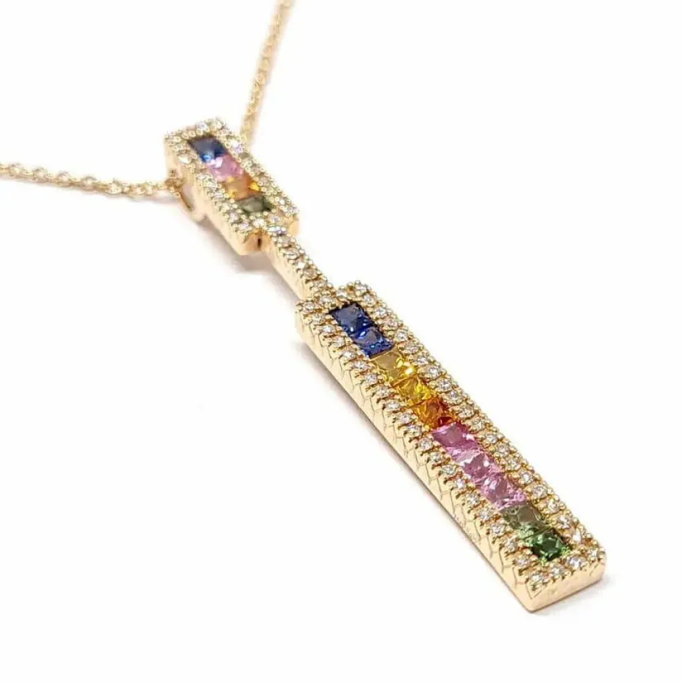 Collier barrette saphirs multicolores diamants or rose