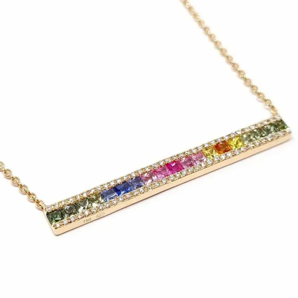 Collier barrette saphirs multi couleur diamants or rose
