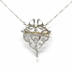 Collier broche or jaune platine perle diamants