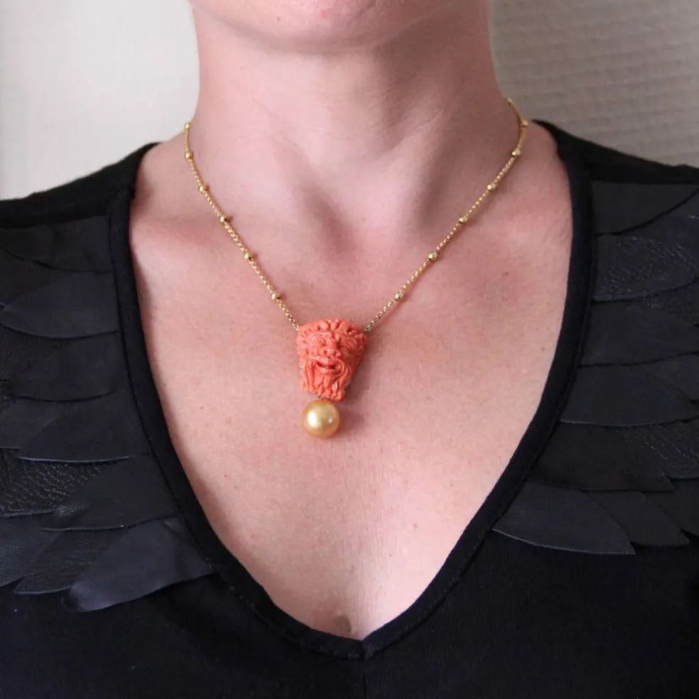 Collier camée corail, perle gold et perles d'or