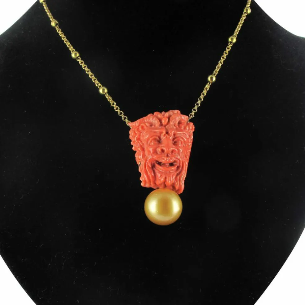 Collier camée corail, perle gold et perles d'or