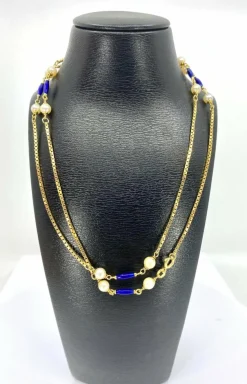 Collier chaine or jaune perles et émail bleu