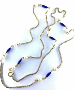 Collier chaine or jaune perles et émail bleu